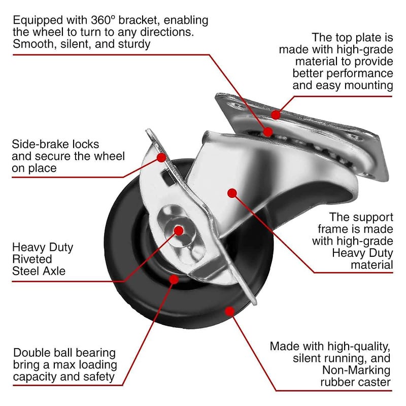 MegaDeal 12 PK 2" Swivel Caster with Brake Wheels Hard Rubber Base with Top Plate & Bearing - Image 2